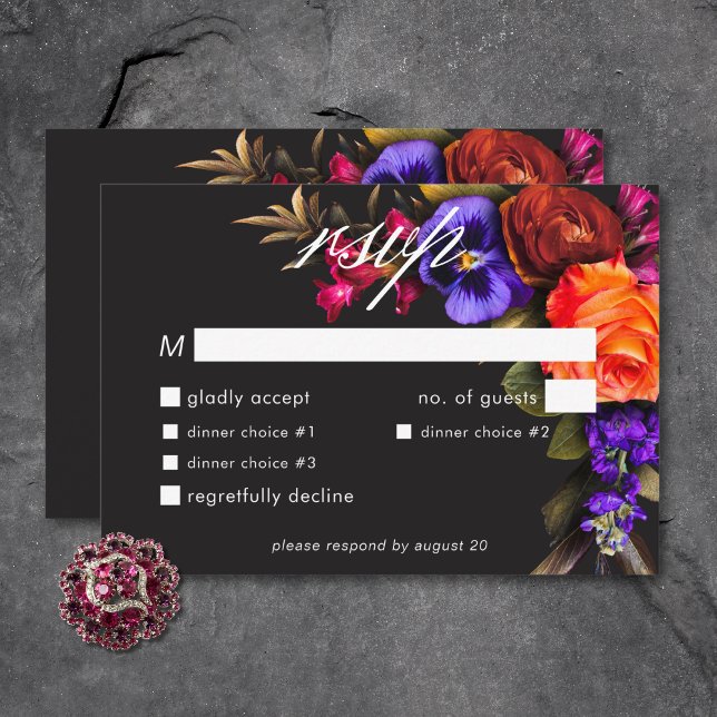 Tarjeta De Confirmación De Asistencia Elegante Moody Vibrant Harvest Floral Cena (Elegant Moody Vibrant Harvest Floral Dinner RSVP Card)