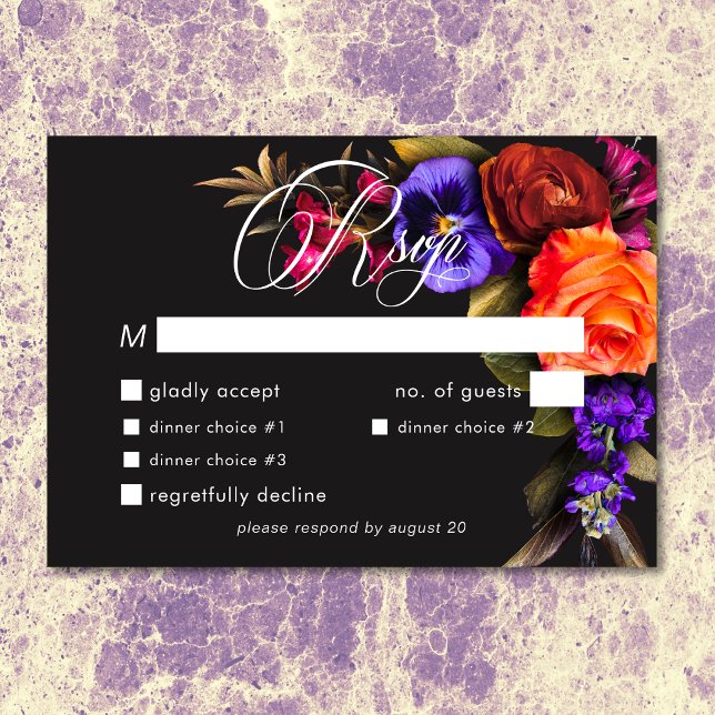 Tarjeta De Confirmación De Asistencia Elegante Moody Vibrant Harvest Floral Cena (Elegant Moody Vibrant Sunset Floral Dinner RSVP)