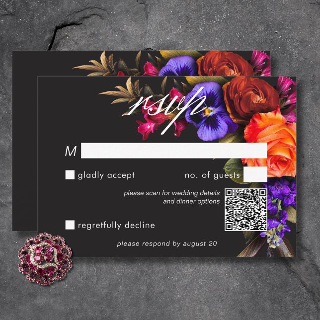 Tarjeta De Confirmación De Asistencia Elegante Moody Vibrant Harvest Floral QR Code (Elegant Moody Vibrant Harvest Floral QR Code RSVP Card)
