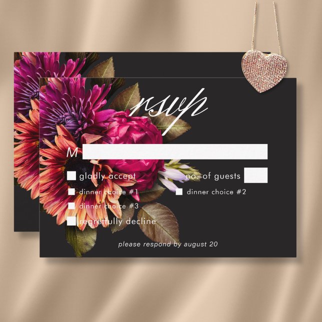 Tarjeta De Confirmación De Asistencia Elegante Moody Vibrant Sunset Floral Cena (Elegant Moody Vibrant Sunset Floral Dinner RSVP Card)