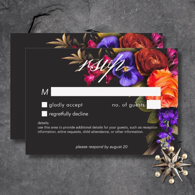 Tarjeta De Confirmación De Asistencia Elegante Moody Vibrant Sunset Floral Sin Cena (Elegant Moody Vibrant Sunset Floral No Dinner RSVP Card)