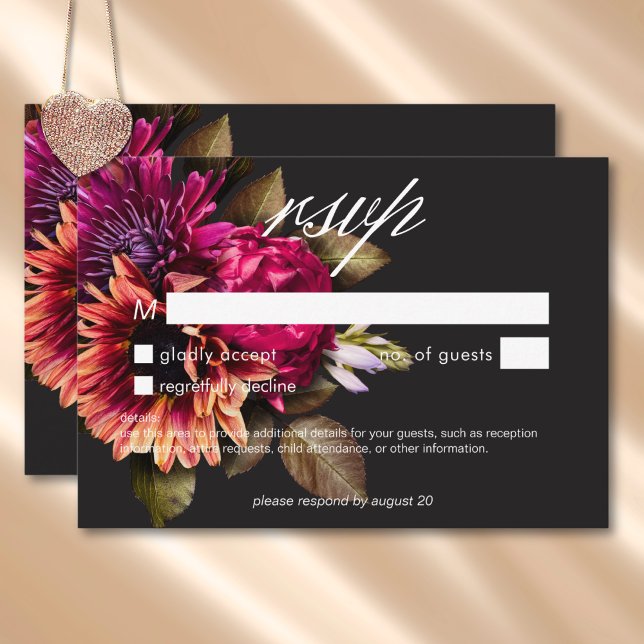 Tarjeta De Confirmación De Asistencia Elegante Moody Vibrant Sunset Floral Sin Cena (Elegant Moody Vibrant Sunset Floral No Dinner RSVP Card)