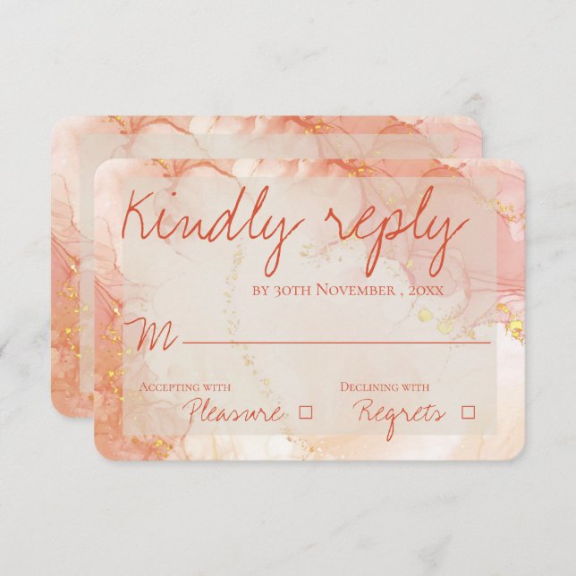 Tarjeta De Confirmación De Asistencia Elegante Naranja  oro Marble Cute Boda (Anverso / Reverso)