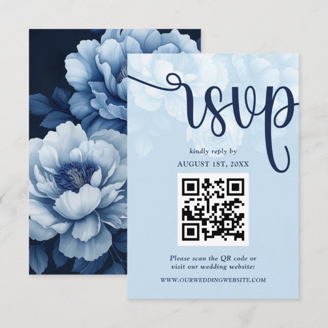 Tarjeta De Confirmación De Asistencia Elegante Navy Blue Floral Peony (Anverso / Reverso)