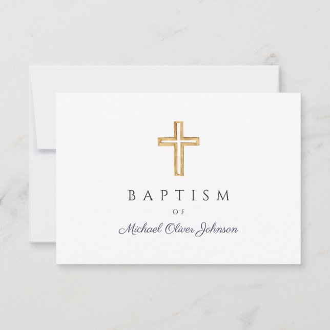Tarjeta De Confirmación De Asistencia Elegante Navy Blue Religious Cross Boy Baptism (Reverso)