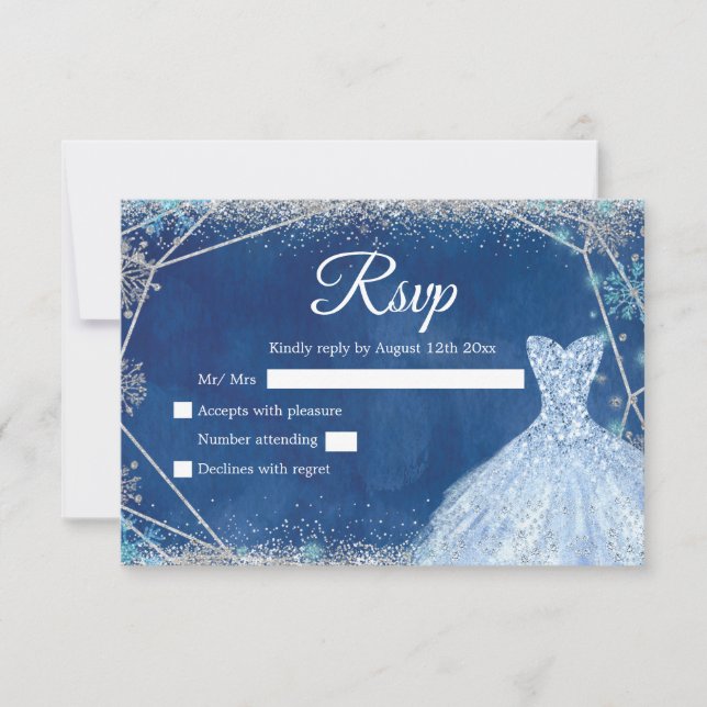 Tarjeta De Confirmación De Asistencia Elegante Navy Blue Silver Invierno Quinceañera (Anverso)