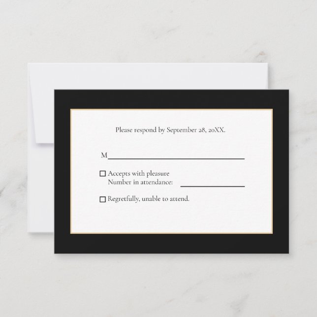 Tarjeta De Confirmación De Asistencia Elegante negro y oro moderno (Anverso)