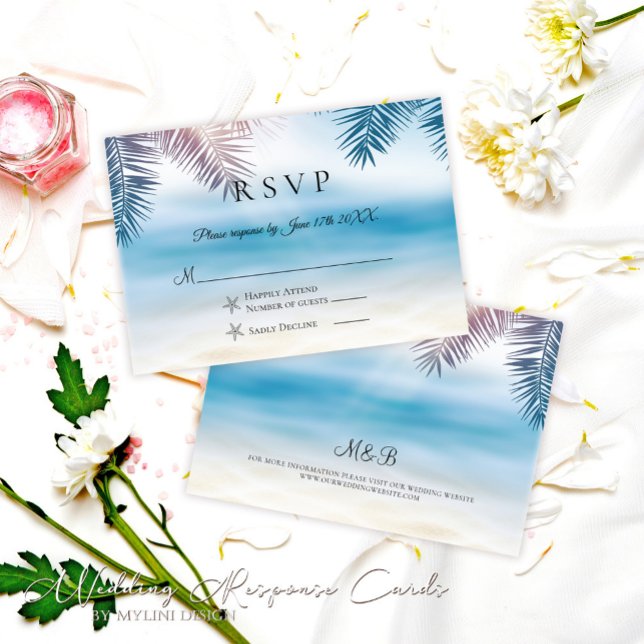 Tarjeta De Confirmación De Asistencia Elegante Palm Tree Tropical Beach Wedding Tarjeta  (Subido por el creador)