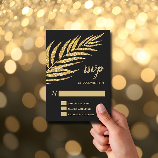 Tarjeta De Confirmación De Asistencia Elegante palma festiva de Navidad con brillo dorad (Elegant Gold Glitter Palm Holiday Christmas Party RSVP Cards)