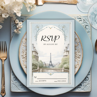 Tarjeta De Confirmación De Asistencia Elegante París Torre Eiffel Polvo Boda Azul