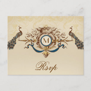 Tarjeta De Confirmación De Asistencia Elegante Peacock Monograma Vintage Wedding Tarjeta