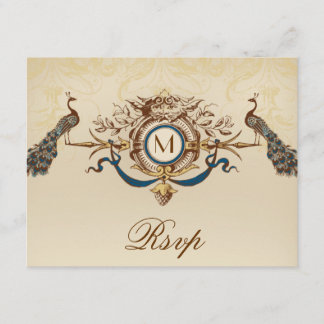 Tarjeta De Confirmación De Asistencia Elegante Peacock Monograma Vintage Wedding Tarjeta