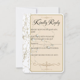 Tarjeta De Confirmación De Asistencia Elegante Pearl Gold Script Boda Perlas románticas