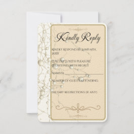 Tarjeta De Confirmación De Asistencia Elegante Pearl Gold Script Boda Perlas románticas