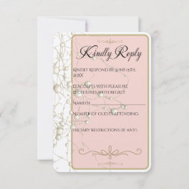 Tarjeta De Confirmación De Asistencia Elegante Pearl Gold Script Boda Perlas románticas