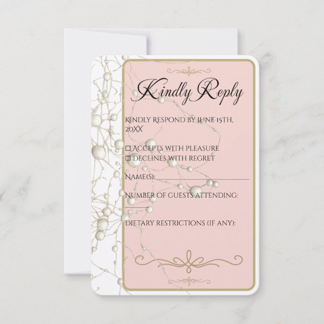 Tarjeta De Confirmación De Asistencia Elegante Pearl Gold Script Boda Perlas románticas (Anverso)