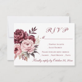 Tarjeta De Confirmación De Asistencia Elegante Peony Floral Watercolor Borgoña Boda