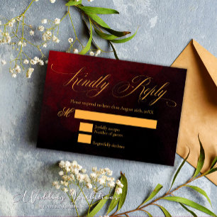Tarjeta De Confirmación De Asistencia Elegante Personalizado Boda rojo y negro de oro
