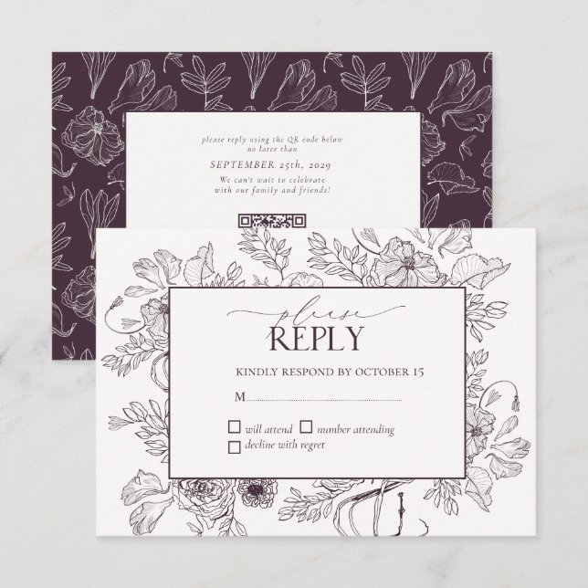 Tarjeta De Confirmación De Asistencia Elegante Plum Purple Floral Line Boda (Anverso / Reverso)