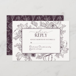 Tarjeta De Confirmación De Asistencia Elegante Plum Purple Floral Line Boda