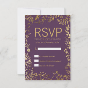 Tarjeta De Confirmación De Asistencia Elegante Plum Purple Gold Boda Floral