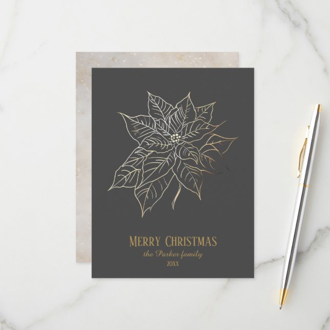 Tarjeta De Confirmación De Asistencia Elegante Poinsettia de contorno dorado sobre fondo (Anverso/Reverso In Situ)