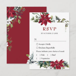 Tarjeta De Confirmación De Asistencia Elegante Poinsettia Roja Acuarela Pino Abeto Boda