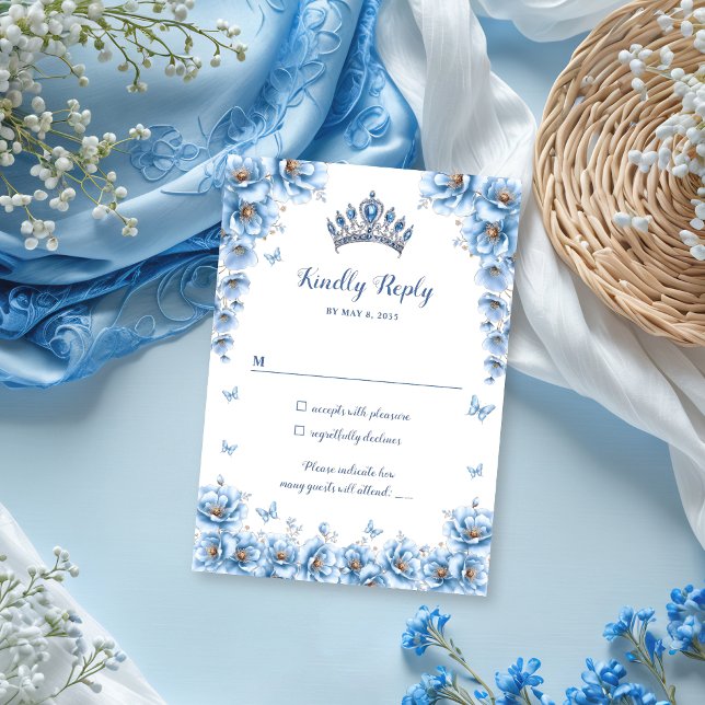Tarjeta De Confirmación De Asistencia Elegante Princesa Azul Dusty Floral Quinceañera (Subido por el creador)