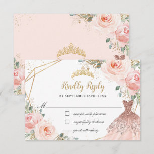 Tarjeta De Confirmación De Asistencia Elegante Princesa Floral de Rubor Gown Quinceañera
