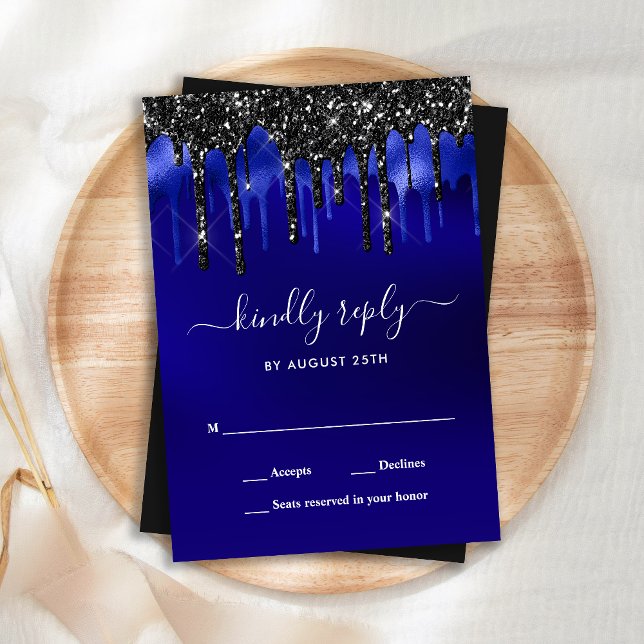 Tarjeta De Confirmación De Asistencia Elegante Purpurina azul negro  Dris Boda (Subido por el creador)