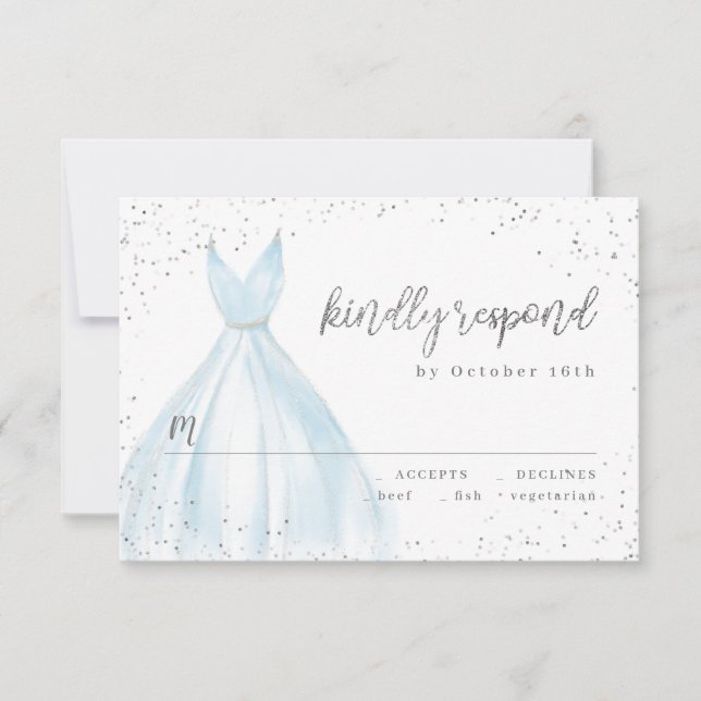 Tarjeta De Confirmación De Asistencia Elegante purpurina vestido azul plateado quinceañe (Anverso)