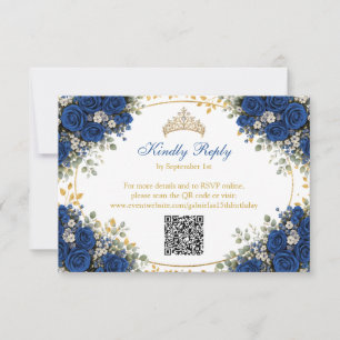 Tarjeta De Confirmación De Asistencia Elegante Quinceañera Azul Real Rosas Doradas