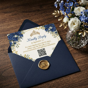 Tarjeta De Confirmación De Asistencia Elegante Quinceañera Azul Real Rosas Doradas