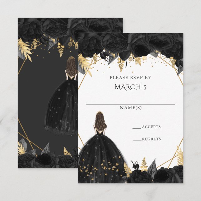 Tarjeta De Confirmación De Asistencia Elegante Quinceañera Princesa Floral Negra Dorada (Anverso / Reverso)