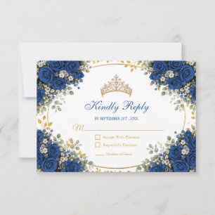 Tarjeta De Confirmación De Asistencia Elegante Quinceañera Rosas Azul Real Doradas