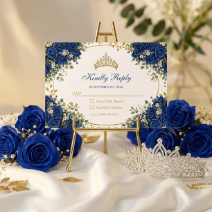 Tarjeta De Confirmación De Asistencia Elegante Quinceañera Rosas Azul Real Doradas