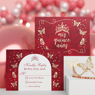 Tarjeta De Confirmación De Asistencia Elegante Red Quinceañera 15ª Mariposa Tiara de Oro