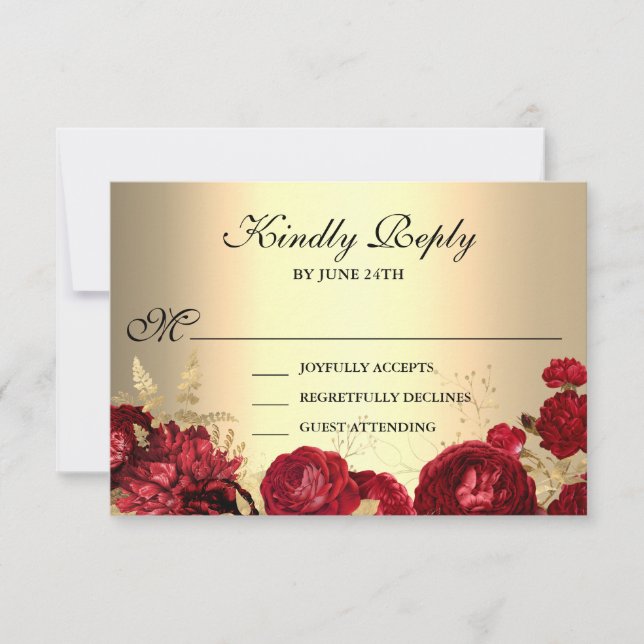 Tarjeta De Confirmación De Asistencia Elegante Rojo Floral y Oro (Anverso)