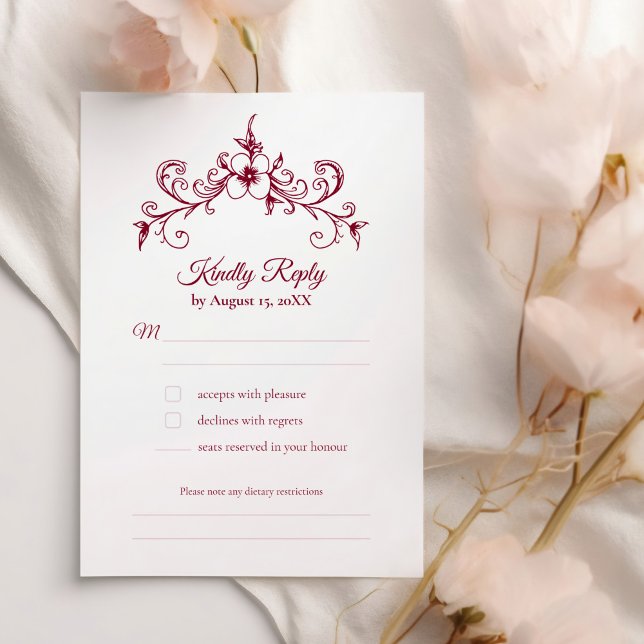 Tarjeta De Confirmación De Asistencia Elegante Romance de época Borgoña Boda Floral (Subido por el creador)
