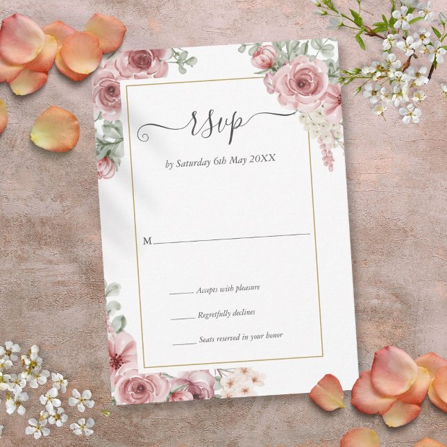 Tarjeta De Confirmación De Asistencia Elegante Rosa  Boda de escritura floral (Elegant Dusty Rose Floral Script Wedding RSVP Card)