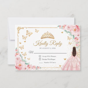 Tarjeta De Confirmación De Asistencia Elegante Rosa Chic Rosas Doradas Quinceanera Respu