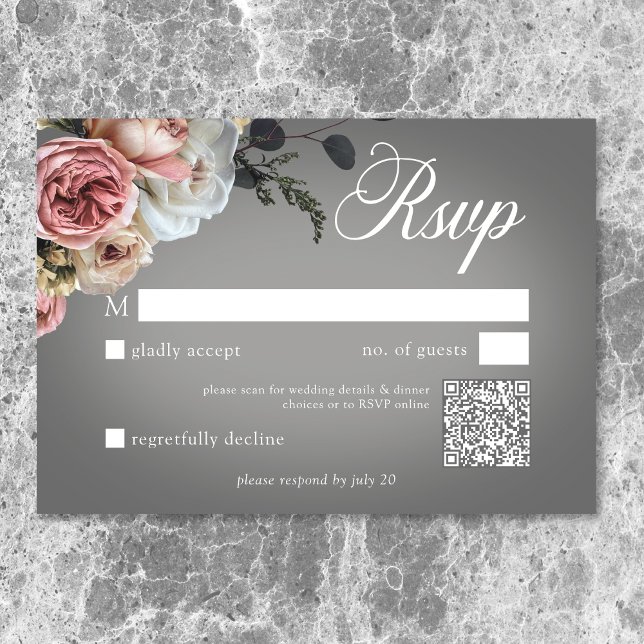 Tarjeta De Confirmación De Asistencia Elegante Rosa floral blanco rosado Boda gris QR (Elegant Pink White Floral Rose Gray Wedding QR Code RSVP Card)