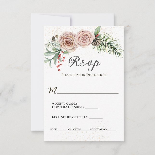Tarjeta De Confirmación De Asistencia Elegante rosa Roses Roses Rojos Berries Evergreen  (Anverso)