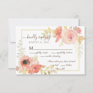 Tarjeta De Confirmación De Asistencia Elegante Rosa y Marco Dorado Floral Boda