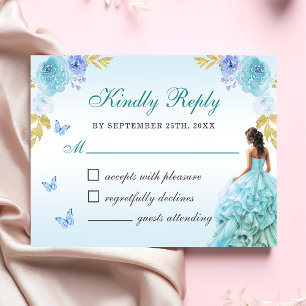 Tarjeta De Confirmación De Asistencia Elegante Rubor Floral Azul Quinceañera