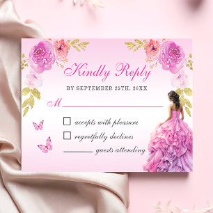 Tarjeta De Confirmación De Asistencia Elegante Rubor Floral Rosa Quinceañera