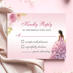Tarjeta De Confirmación De Asistencia Elegante Rubor Floral Rosa Quinceañera
