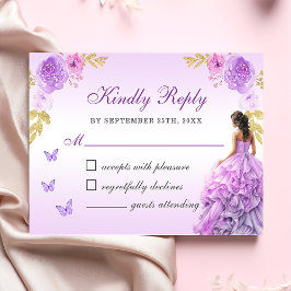 Tarjeta De Confirmación De Asistencia Elegante Rubor Purple Floral Quinceañera