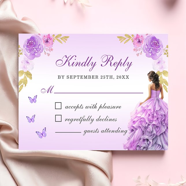 Tarjeta De Confirmación De Asistencia Elegante Rubor Purple Floral Quinceañera (Subido por el creador)