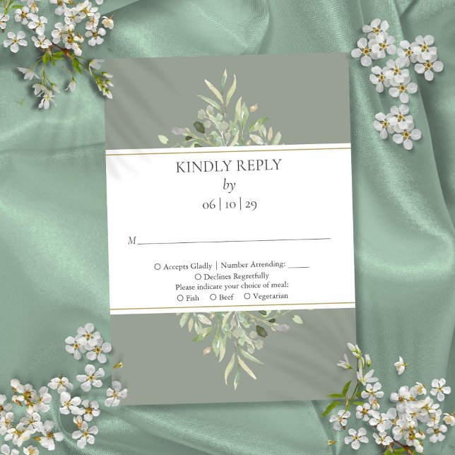 Tarjeta De Confirmación De Asistencia Elegante Sage Green Greeneration Gold (Elegant Sage Green Greenery Gold RSVP Card)